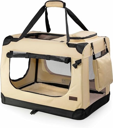 lionto Hundetransportbox faltbar für Reise & Auto, 60x42x44 cm, stabile Transportbox mit Tragegriffen & Decke für Katzen & Hunde bis 12 kg, robuste Hundebox aus Stoff für klein & groß, beige von lionto