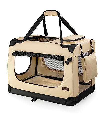 lionto Hundetransportbox faltbar für Reise & Auto, 101x69x70 cm, stabile Transportbox mit Tragegriffen & Decke für Katzen & Hunde bis 25 kg, robuste Hundebox aus Stoff für klein & groß, beige von lionto
