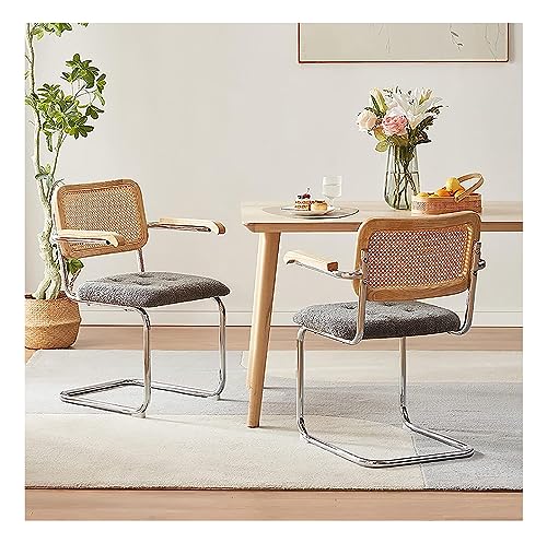 Rattan-Esszimmerstühle mit Armlehnen, 2er-Set, moderne Mid-Century-Esszimmerstühle mit geflochtener Rattan-Rückenlehne, Samtsitz, Beistellstuhl für Esszimmer, Küchenhöhe 65 cm, Grün/Schwarz/Grau/Weiß von lirrebol