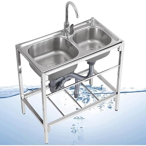 Spültisch Edelstahl 2 Becken Freistehende Spülbecken Gastronomie Spüle Außenbereich Spülbecken Multifunktions waschtisch mit Wasserhahn Ablagefächern von lirrebol