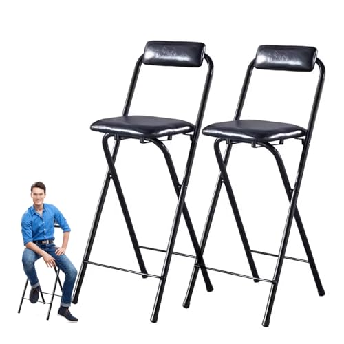 lirrebol 2er-Set Schwarze klappbare Barhocker mit Rückenlehne und Fußstütze – Gepolsterte Hochstühle für Zuhause, Büro und Küchentheken, Sitzhöhe 65 cm von lirrebol
