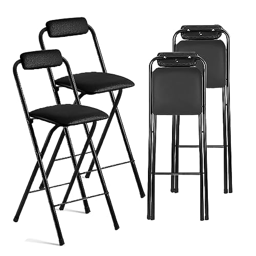lirrebol 4er-Set klappbare Barhocker mit Rückenlehne und Polsterung aus schwarzem PU-Leder – Klappbare Stühle in Thekenhöhe für den Außenbereich, die Küche und das Café, Sitzhöhe 65 cm von lirrebol