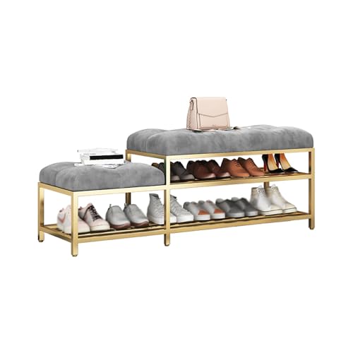 lirrebol Moderne 2-stöckige Schuhbank für den Eingangsbereich, Schuhregal mit samtgepolsterter Sitzfläche, Metallbeinen, Fußbank für den Eingangsbereich am Bettende, grau von lirrebol