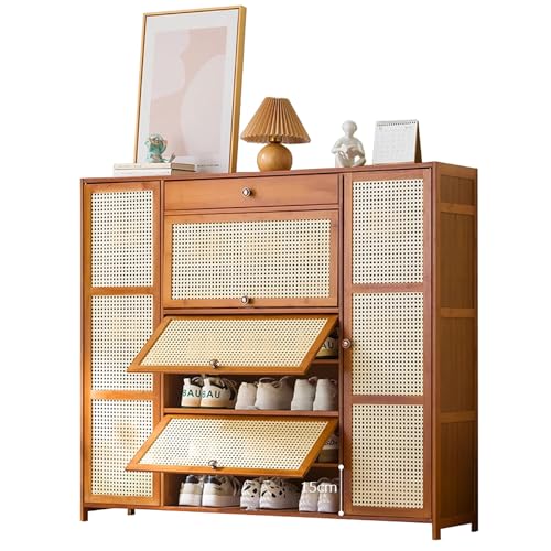 lirrebol Schmaler Schuhschrank mit 2/3 Klappschubladen für den Eingangsbereich, freistehender Schuhschrank-Organizer mit Rattantüren lirrebol Schmaler Schuhschrank mit 2/3 Klappschubladen für den Eingangsbereich, freistehender Schuhschrank-Organizer mit Rattantüren von lirrebol