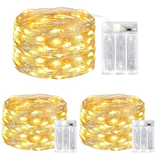 litogo LED Lichterketten Batterie mit Timer, 3 Stück 5M 50er Micro LED Lichterkette Draht Innen Batteriebetrieben für Party Weihnachten Weihnachtsbaum Halloween Hochzeit Deko(Warmweiß) von litogo