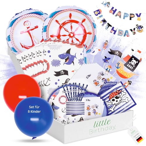 little Birthday | Pirat Partygeschirr Paket Set Kindergeburtstag | Party Deko| Geburtstag 8 Personen | Pappteller| Pappbecher| Servietten| Luftballons | Topper | Einladungskarten | Tütchen | alles von little Birthday