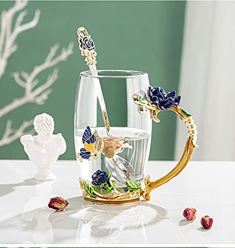 little dove Teetasse aus Glas, Rose Glasklare Neuheit Glas Teetasse Kaffeetassen Reisebecher mit aufwändigem Blumengriff und schönem Löffel,Gut Geschenk (Blau) von little dove