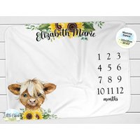 Highland Kuh Meilenstein Decke, Monatliche Foto Decke, Personalisierte Baby Shower Geschenk, Neues Geschenk von littlechickypaperie