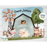 Personalisierte Blaue Bauernhof Tiere Decke, Barnyard Kinderzimmer, Waldbettwäsche, Baby Shower Geschenk, Taufe Geschenk von littlechickypaperie