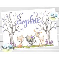 Personalisiertes Kinder Tischset - Lila Blumen Wald Tischset, Textil Geschenk, Einschulungs Geschenk von littlechickypaperie