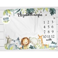 Safari Tiere Meilensteindecke, Monatliche Fotodecke, Personalisierte Dschungeltiere Babydecke, Babygeschenk von littlechickypaperie