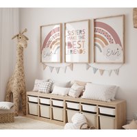 Schwestern Schlafzimmer Drucke, Kinderzimmer Wandkunst, Machen Die Besten Freunde Personalisierte Regenbogen Geschwister Blush Pink von littlelearnersprints