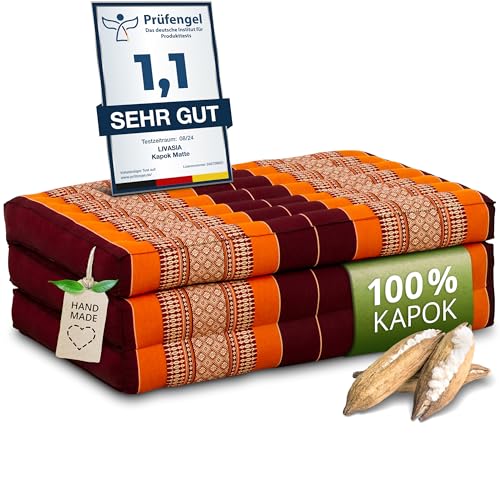 livasia Nachhaltige Kindermatratze aus Kapok - 140x70x8cm - Klappmatratze, Reisebett Kinderbett faltbar, ökologische Yogamatte klappbar, Spielmatte, Liege für Garten und Balkon (Orange) von livasia