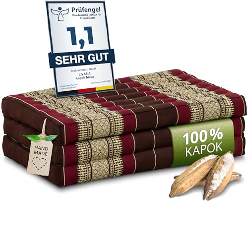 livasia Nachhaltige Kindermatratze aus Kapok - 140x70x8cm - Klappmatratze, Reisebett Kinderbett faltbar, ökologische Yogamatte klappbar, Spielmatte, Liege für Garten und Balkon (Weinrot) von livasia