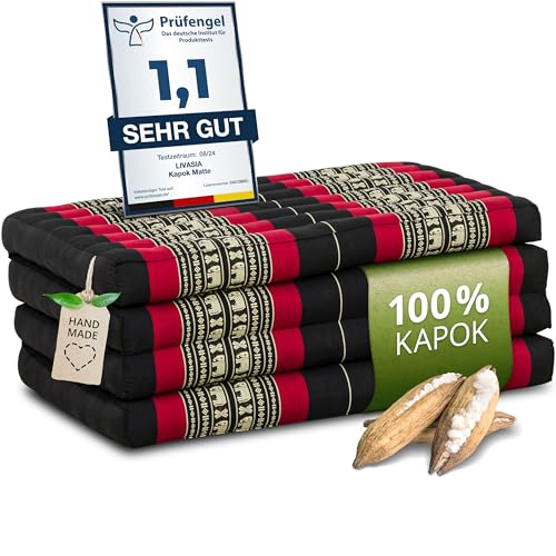 livasia Nachhaltige Klappmatratze aus Kapok - 200x80x8cm - Gästematratze, Faltbare Matratze für Van, ökologische Yogamatte, klappbares Gästebett, Liege für Garten und Balkon (Schwarz/Elefanten) von livasia