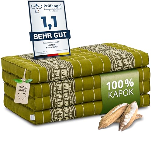 livasia Nachhaltige Klappmatratze aus Kapok - 200x80x8cm - Gästematratze, Faltbare Matratze für Van, ökologische Yogamatte, klappbares Gästebett, Liege für Garten und Balkon (Grün/Elefanten) von livasia