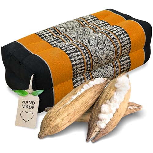 livasia Block Yogakissen eckig, Meditationskissen mit Kapok, Stützkissen Bolster rechteckig, Yoga Pilates Zubehör Nackenkissen, Thaikissen fest handgefertigt 17x34x12cm (Schwarz/Orange) von livasia