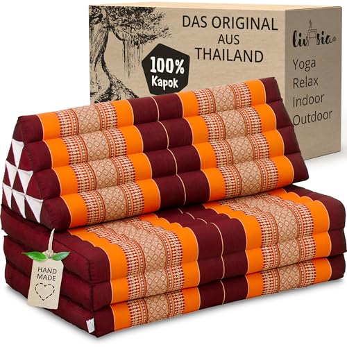 livasia Thaikissen 3 Auflagen für Paare XXL, Dreieckskissen Klappmatratze, extrabreit Kapok, Rückenkissen faltbar, Thaimatte zum Klappen, Meditationskissen 190x80x8cm (Orange) von livasia