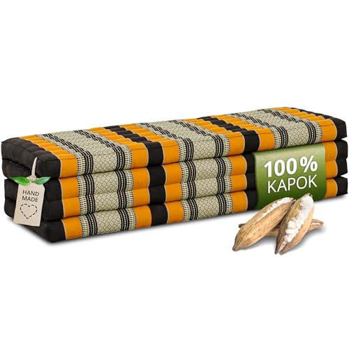 Nachhaltige Klappmatratze Kapok XXL - 200x140x8cm - extrabreite Gästematratze, Faltbare Matratze doppel, ökologische Yogamatte, Gästebett klappbar, Liege Garten Balkon (Schwarz/Orange) von livasia