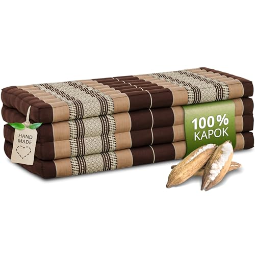 Nachhaltige Klappmatratze aus Kapok - 200x110x8cm - breite Gästematratze, Faltbare Matratze, ökologische Yogamatte, klappbares Gästebett, Liege für Garten und Balkon (Braun) von livasia