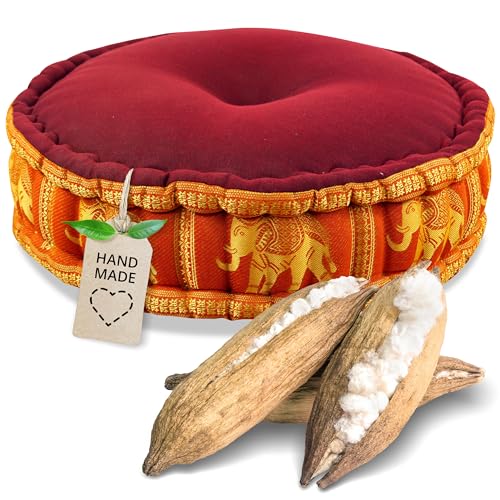 livasia Meditationskissen mit Thaiseide, Yogakissen mit Kapok, Pouf, Bodenkissen für Yoga und Zen Meditation, Sitzkissen für Garten und Balkon, Zafukissen Ø 44x15cm (Rot/Orange/Elefanten Seide) von livasia