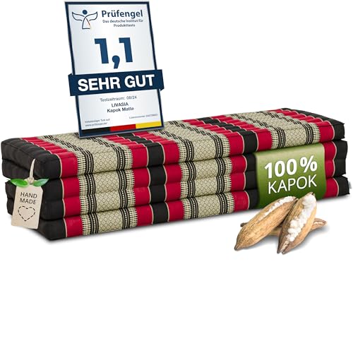 livasia Nachhaltige Klappmatratze Kapok XXL - 200x140x8cm - extrabreite Gästematratze, Faltbare Matratze doppel, ökologische Yogamatte, Gästebett klappbar, Liege Garten Balkon (Schwarz/Rot) von livasia