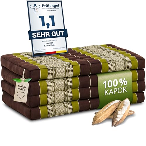 livasia Nachhaltige Klappmatratze aus Kapok - 200x80x8cm - Gästematratze, Faltbare Matratze für Van, ökologische Yogamatte, klappbares Gästebett, Liege für Garten und Balkon (Braun/Grün) von livasia