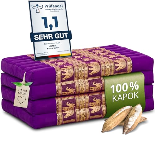 livasia Nachhaltige Klappmatratze aus Kapok - 200x80x8cm - Gästematratze mit Thaiseide, Matratze faltbar für Van, ökologische Yogamatte, Gästebett klappbar, Liege Garten Balkon (Lila/Elefanten Seide) livasia Nachhaltige Klappmatratze aus Kapok - 200x80x8cm - Gästematratze mit Thaiseide, Matratze faltbar für Van, ökologische Yogamatte, Gästebett klappbar, Liege Garten Balkon (Lila/Elefanten Seide) von livasia
