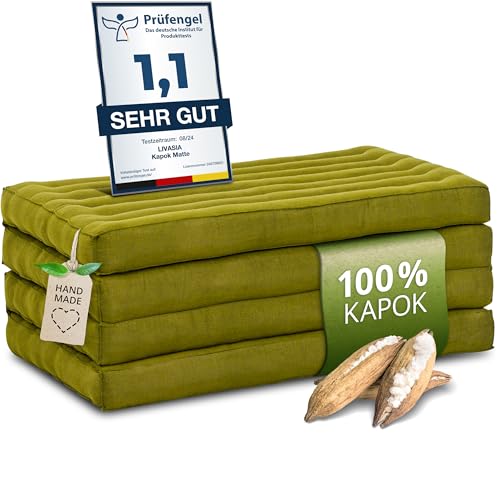livasia Nachhaltige Klappmatratze aus Kapok - 200x80x8cm - Gästematratze, Faltbare Matratze einfarbig, ökologische Yogamatte, klappbares Gästebett, Liege Garten Balkon (Grün Uni) von livasia