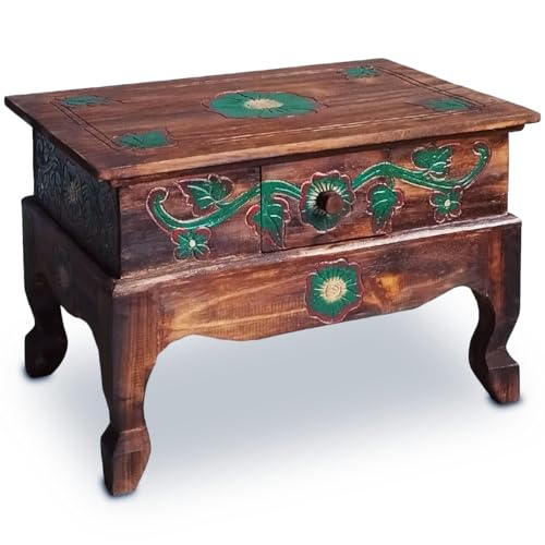 livasia Opiumtisch mit Schublade, Beistelltisch, Couchtisch, Nachttisch, Holztisch aus Bali, Handarbeit, 59x39cm (Braun) von livasia