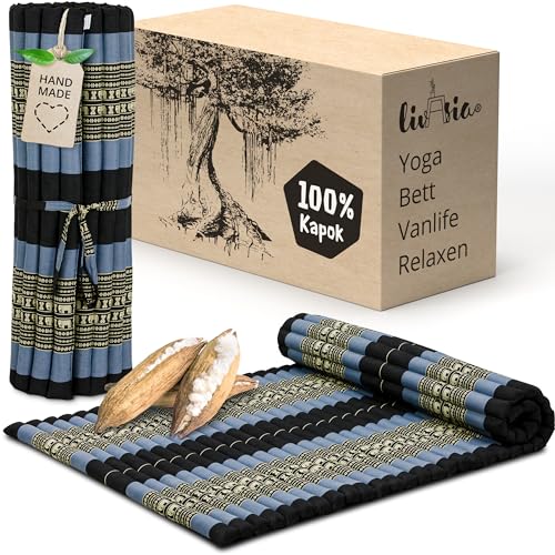 livasia Rollmatte Rollmatratze L breit bequem - 200x110x4,5cm - Gästebett Gästematratze 1 Person, Reisebett Kofferraum Outdoor, Thaimatte Kapok Garten Balkon handgefertigt (Blau/Elefanten) von livasia