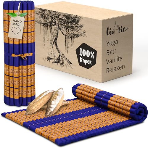 livasia Rollmatte Rollmatratze L breit bequem - 200x110x4,5cm - Gästebett Gästematratze 1 Person, Reisebett Kofferraum Outdoor, Thaimatte Kapok Garten Balkon handgefertigt (Blau/Gelb) von livasia