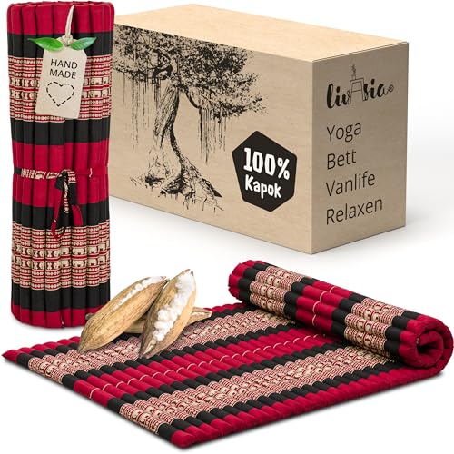 livasia Rollmatte Rollmatratze L breit bequem - 200x110x4,5cm - Gästebett Gästematratze 1 Person, Reisebett Kofferraum Outdoor, Thaimatte Kapok Garten Balkon handgefertigt (Rot/Elefanten) von livasia