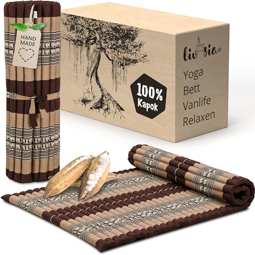 livasia Rollmatte Rollmatratze L breit bequem - 200x110x4,5cm - Gästebett Gästematratze 1 Person, Reisebett Kofferraum Outdoor, Thaimatte Kapok Garten Balkon handgefertigt (Braun/Elefanten) von livasia