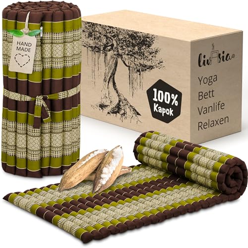 livasia Rollmatte Rollmatratze M schmal Einzelbett - 200x75x4,5cm - Gästebett Gästematratze 1 Person mit Muster, Reisebett Kofferraum Outdoor, Thaimatte Kapok Garten handgefertigt (Braun/Grün) von livasia