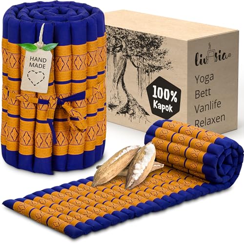 livasia Rollmatte Rollmatratze S schmal, Gästebett Gästematratze 1 Person mit Muster, Reisebett Kofferraum Outdoor, Thaimatte Kapok für Garten Balkon handgefertigt 210x52x4,5cm (Blau/Gelb) von livasia