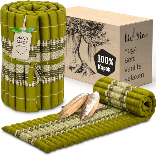 livasia Rollmatte Rollmatratze S schmal, Gästebett Gästematratze 1 Person mit Muster, Reisebett Kofferraum Outdoor, Thaimatte Kapok für Garten Balkon handgefertigt 210x52x4,5cm (Grün) von livasia