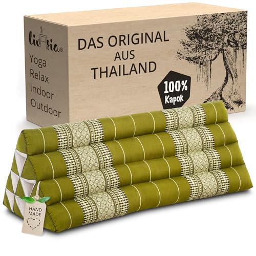 livasia Rückenstützkissen breit für Paare - 33x80x30cm - Dreieckskissen für Garten und Balkon, Keilkissen mit Kapok, handgefertigt, Meditationskissen (Grün) von livasia