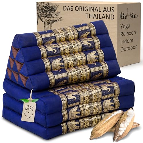 livasia Thaikissen 3 Auflagen Thaiseide - 175x55x8cm - Dreieckskissen mit Klappmatratze, Rückenkissen faltbar, Thaimatte zum Klappen, Kapok handgefertigt, Meditationskissen (Blau/Elefanten Seide) von livasia