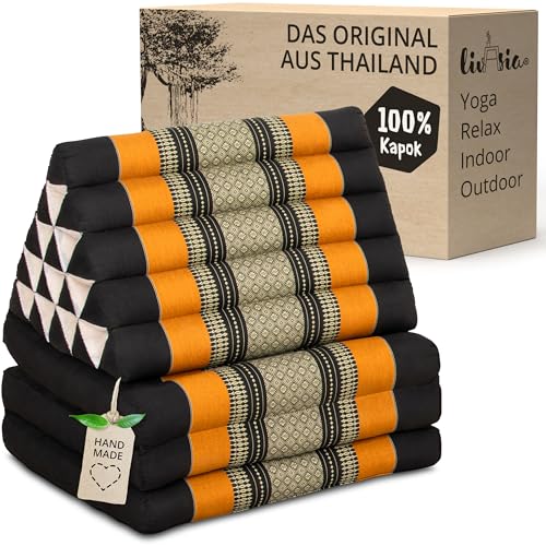 livasia Thaikissen 3 Auflagen extrahoch, Dreieckskissen mit Klappmatratze, Kapok, Jumbo Rückenkissen faltbar, Thaimatte Klappen, handgefertigt, Meditationskissen 185x55x8cm (Schwarz/Orange) von livasia