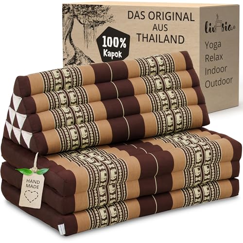 livasia Thaikissen 3 Auflagen für Paare XXL, Dreieckskissen Klappmatratze, extrabreit Kapok, Rückenkissen faltbar, Thaimatte zum Klappen, Meditationskissen 190x80x8cm (Braun/Elefanten) von livasia