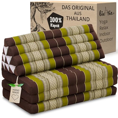 livasia Thaikissen 3 Auflagen für Paare XXL, Dreieckskissen Klappmatratze, extrabreit Kapok, Rückenkissen faltbar, Thaimatte zum Klappen, Meditationskissen 190x80x8cm (Braun/Grün) von livasia