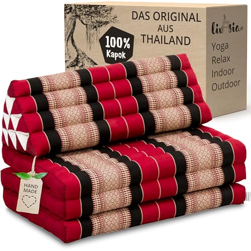 livasia Thaikissen 3 Auflagen für Paare XXL, Dreieckskissen Klappmatratze, extrabreit Kapok, Rückenkissen faltbar, Thaimatte zum Klappen, Meditationskissen 190x80x8cm (Rot/Schwarz) von livasia