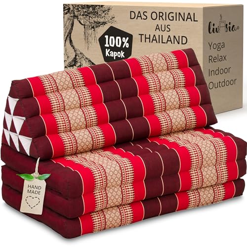 livasia Thaikissen 3 Auflagen für Paare XXL, Dreieckskissen Klappmatratze, extrabreit Kapok, Rückenkissen faltbar, Thaimatte zum Klappen, Meditationskissen 190x80x8cm (Rubinrot) von livasia