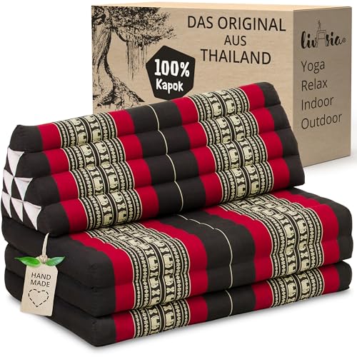 livasia Thaikissen 3 Auflagen für Paare XXL, Dreieckskissen Klappmatratze, extrabreit Kapok, Rückenkissen faltbar, Thaimatte zum Klappen, Meditationskissen 190x80x8cm (Schwarz/Elefanten) von livasia