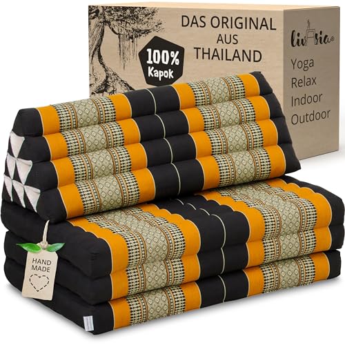 livasia Thaikissen 3 Auflagen für Paare XXL, Dreieckskissen Klappmatratze, extrabreit Kapok, Rückenkissen faltbar, Thaimatte zum Klappen, Meditationskissen 190x80x8cm (Schwarz/Orange) von livasia