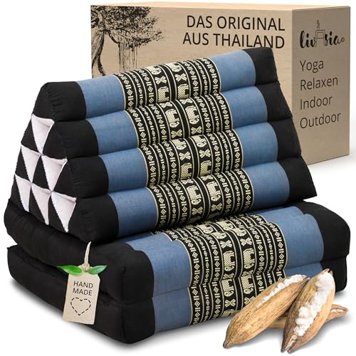 livasia Thaikissen mit 2 Auflagen - 120x50x8cm - Dreieckskissen mit Sitzkissen, Keilkissen mit Kapok, Rückenkissen faltbar, Thaimatte zum Klappen, handgefertigt, Meditationskissen (Blau/Elefanten) von livasia