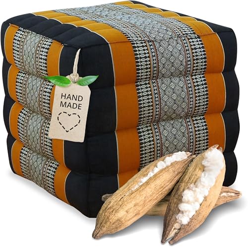 livasia Würfelkissen quadratisch, Sitzhocker mit organischem Kapok, Sitzpouf, Lagerungswürfel viereckig, Bodenkissen Hocker Fußbank Fußhocker handgefertigt 40x40x40cm (Schwarz/Orange) von livasia