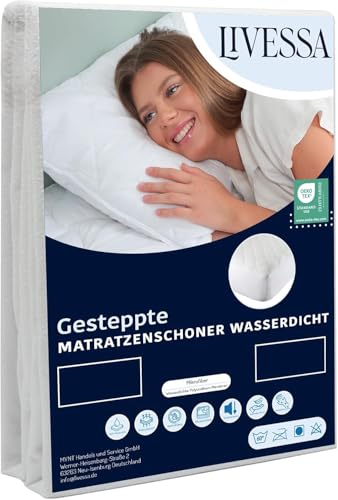 Livessa Gesteppte Matratzenauflage wasserdicht, Weicher Mikrofaser-Matratzenbezug, Wasserdichter Matratzenschoner, Gesteppter Matratzenschoner dehnbar bis zu 30 cm (Weiß) (200x200) von livessa