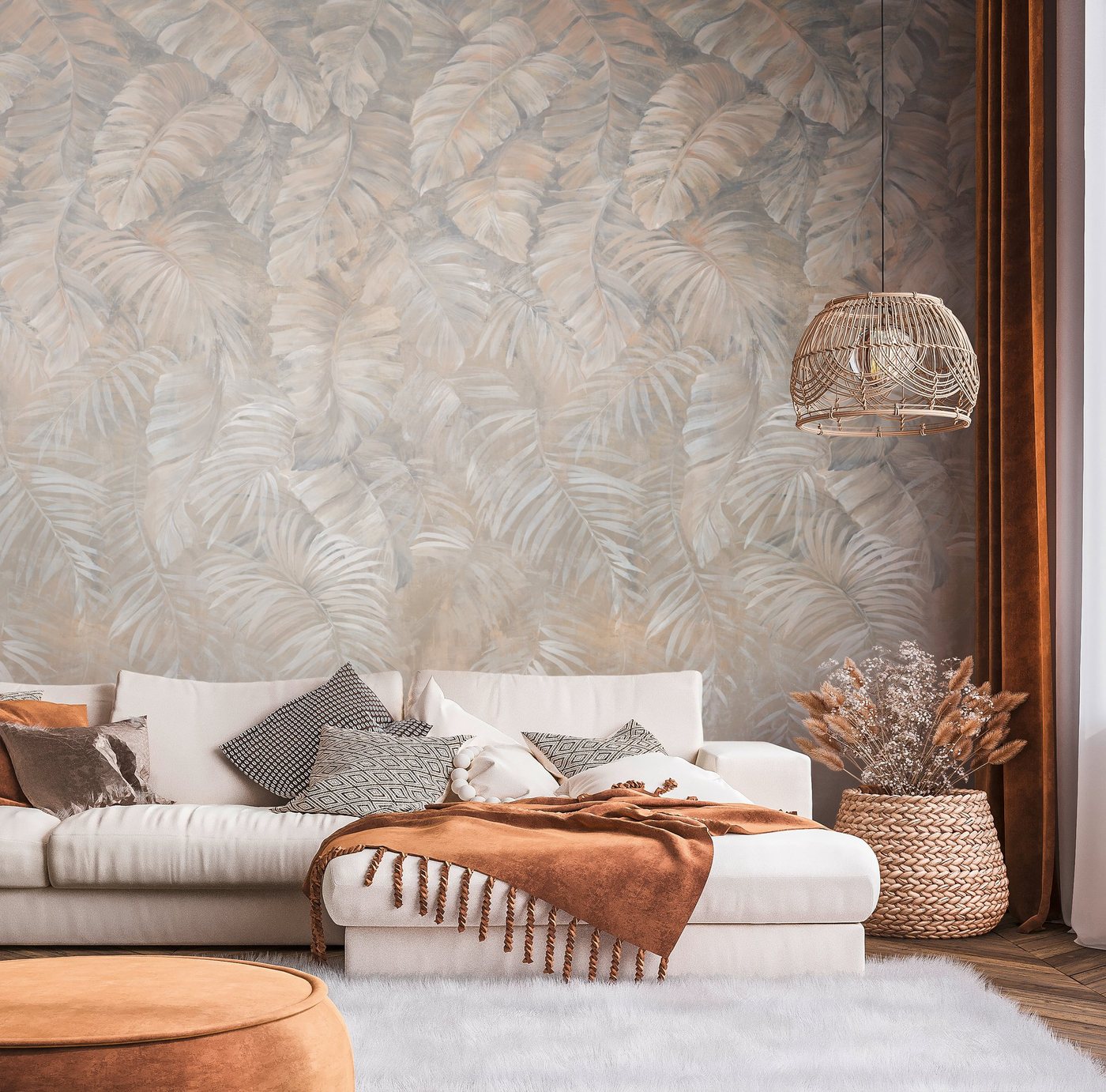 living walls Fototapete Fototapete Palmen, glatt, gemustert, matt, neutral, (1 St), Tapete Natur Palmenblätter Dschungeltapete Tapeten Wohnzimmer modern von living walls